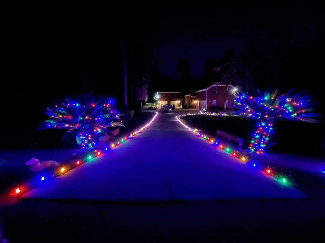 Christmas lighting following every roof peak